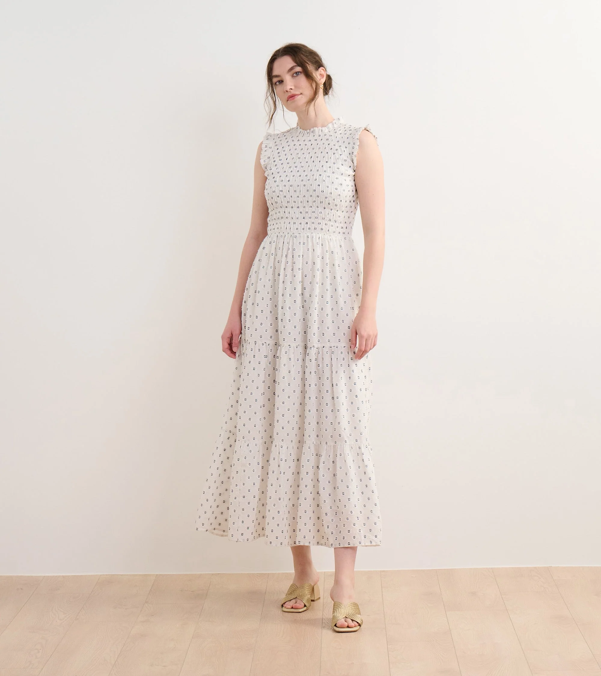 Smocked Maxi Dress - Navy Spots
