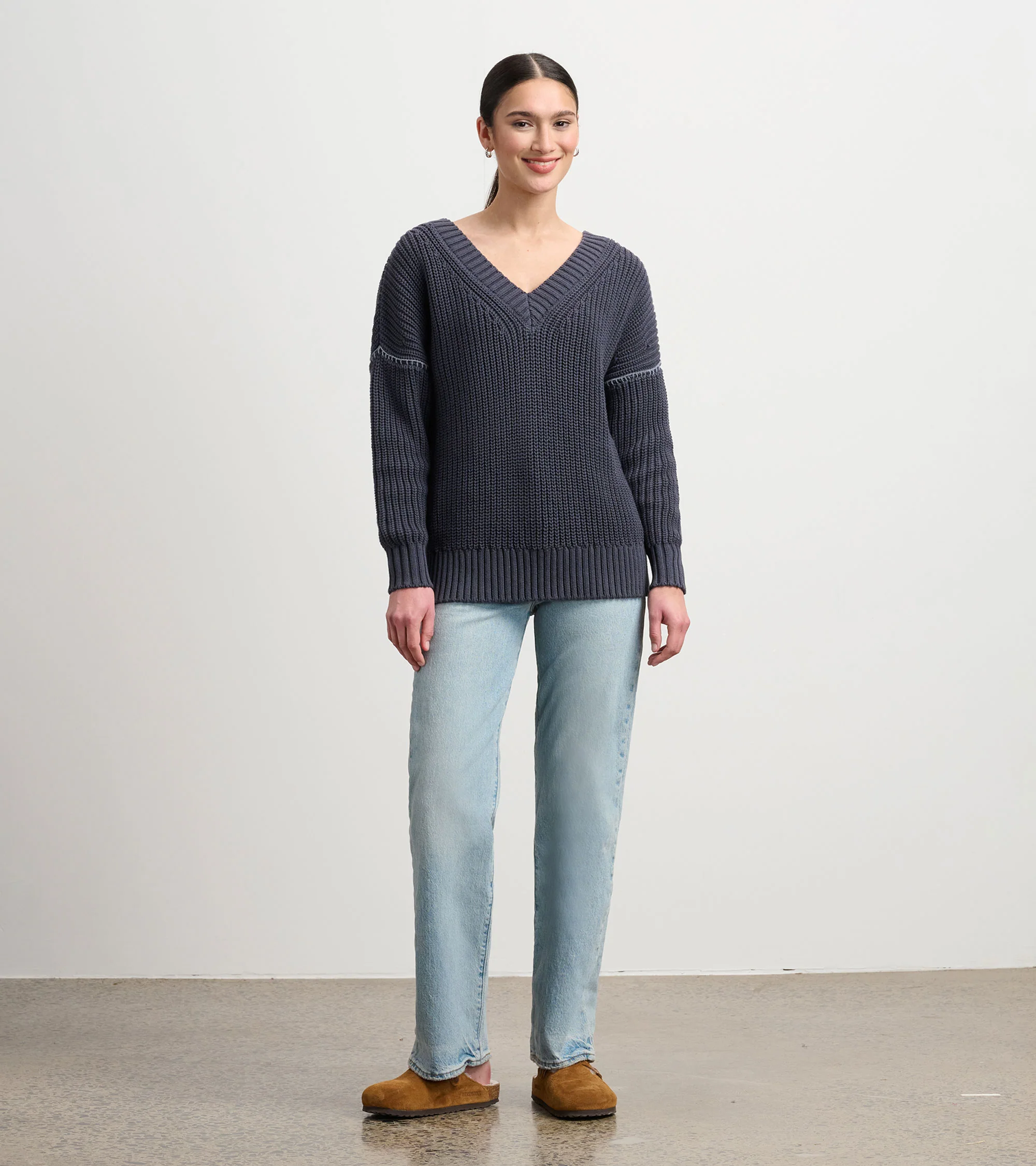 V-Neck Slouchy Sweater - Faded Grey - Image 3